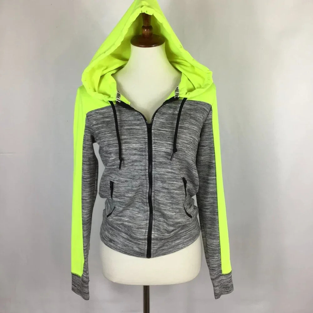 FINAL DROP PINK Victoria's Secret S Hoodie Neon Gray Pockets Zip Long Sleeve - Picture 2 of 8